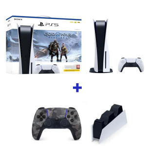 CONSOLE SONY PS5 EDITION STANDARD + JEUX GOD OF WAR + MANETTE CAMOUFLAGE + PS5 STATION DE CHARGE POUR 2 MANETTES